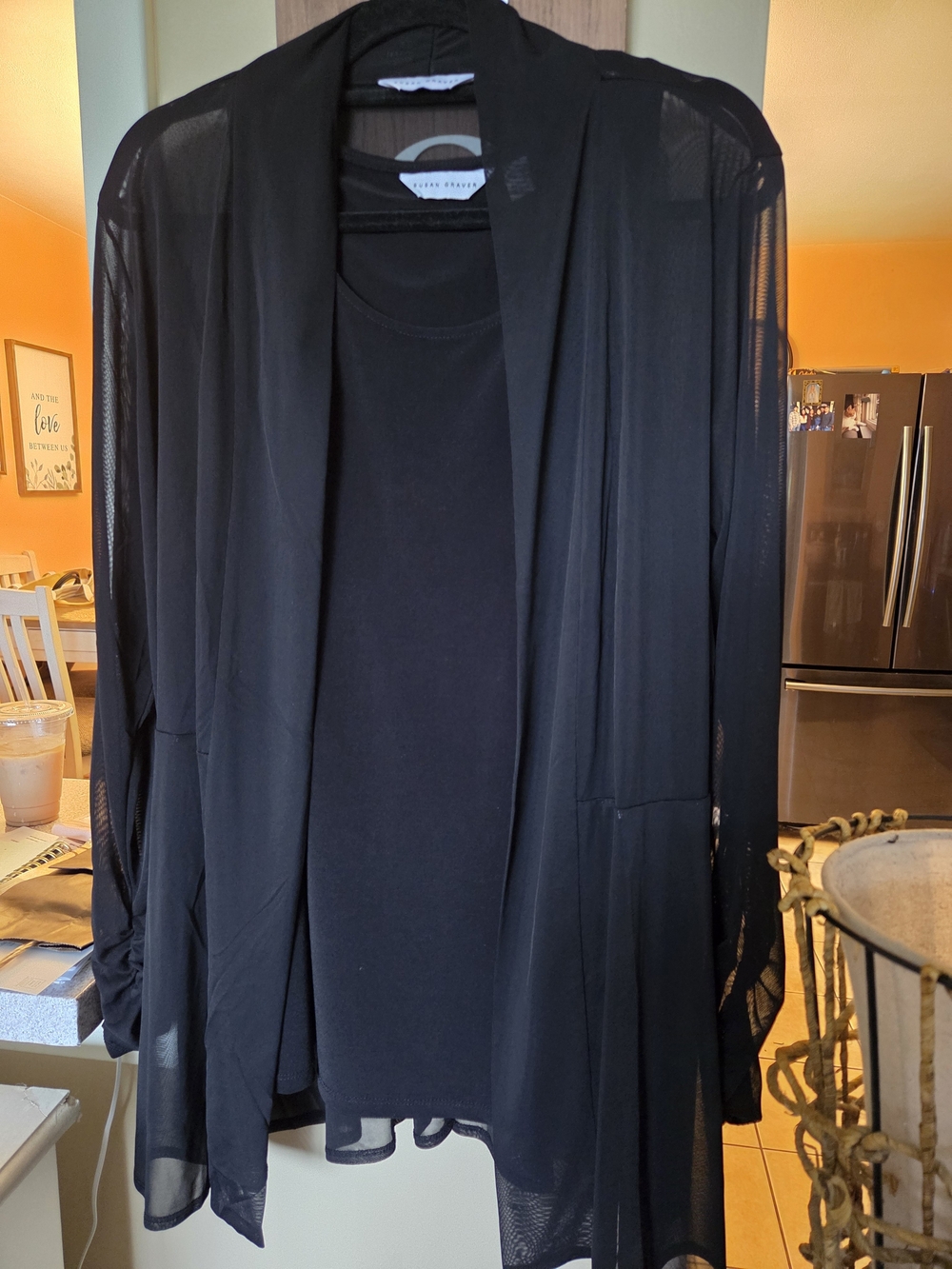 Susan Graver Black Sheer Cardigan with Mesh Detail With Matching Tank. 2 Pc Set. - Picture 2 of 3